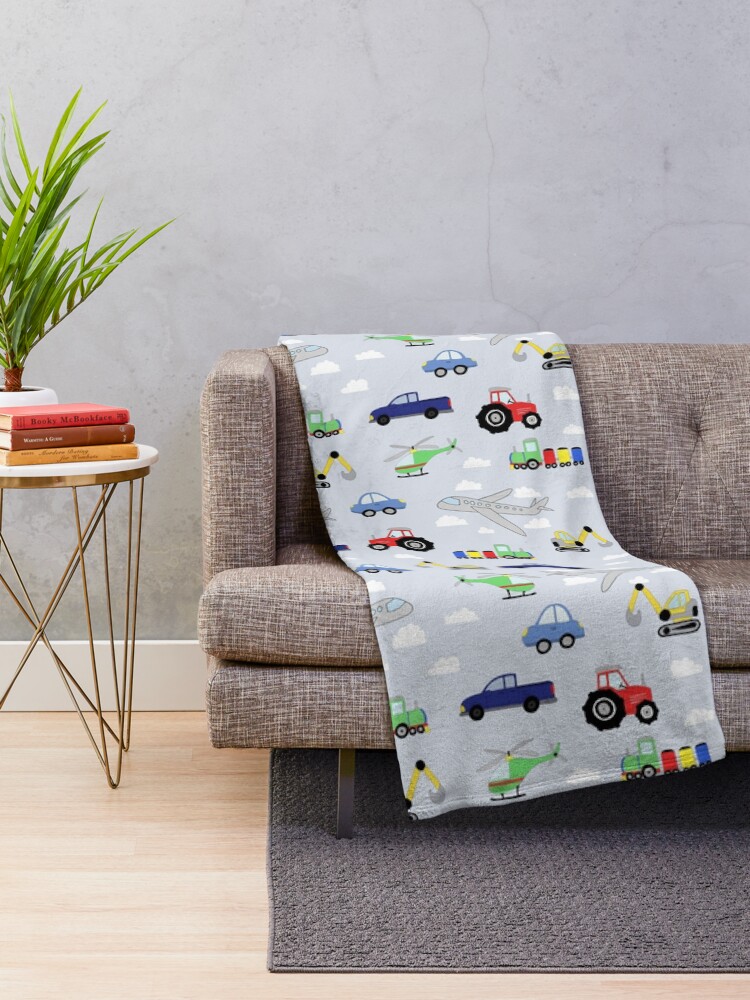 Thumbnail 2 of 6, Throw Blanket, Kids Cute Whimsical Boys Blue Transportation Pattern with Airplanes, Tractors, Trains, Cars, and Diggers designed and sold by aimeegray.