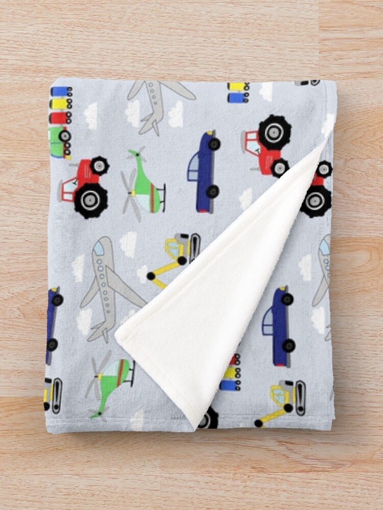 Thumbnail 3 of 6, Throw Blanket, Kids Cute Whimsical Boys Blue Transportation Pattern with Airplanes, Tractors, Trains, Cars, and Diggers designed and sold by aimeegray.