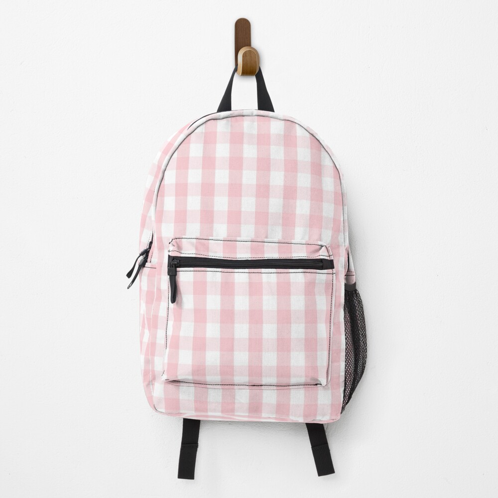 White and Light Millennial Pink Pastel Color Gingham Check Backpack