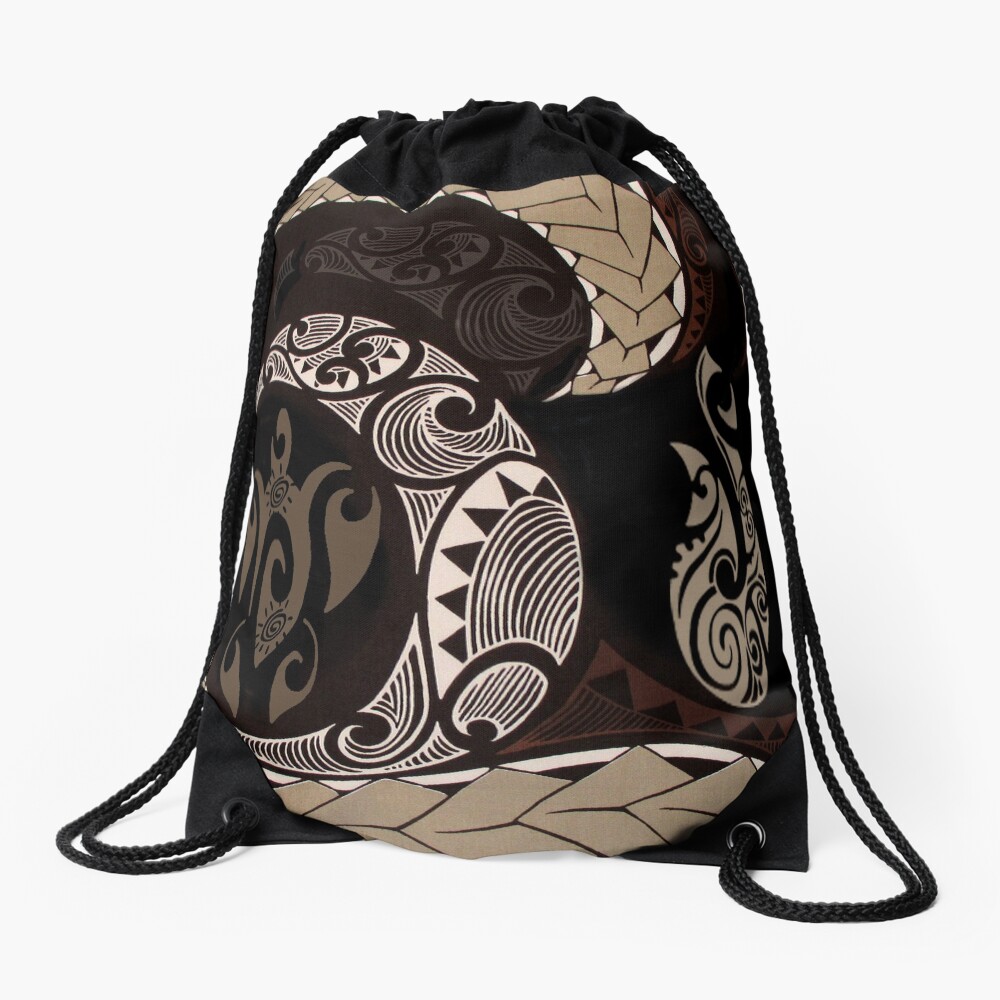 Hawaiian Tapa Fish Hook and Honu Drawstring Bag