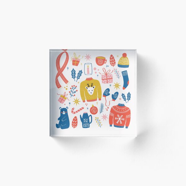 Collection of new year and Christmas elements. Traditional winter holiday decoration. Acrylic Block