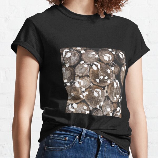 Wooden logs with white floral design Classic T-Shirt