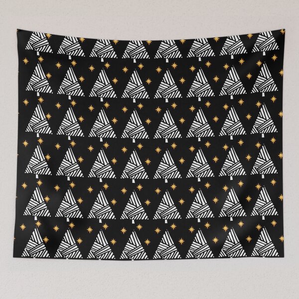 Item preview, Winter lights stars snowflakes christmas tree at night, black, white, dark pattern designed and sold by ArtBIU.