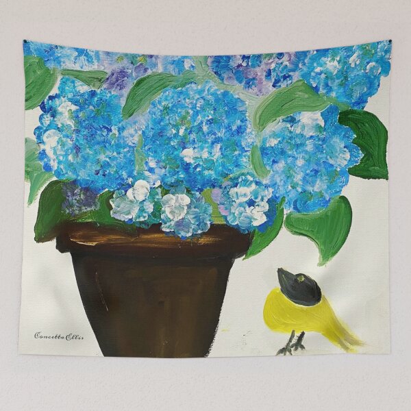 Item preview, Blue Hydrangeas And Yellow Bird Painting designed and sold by concettaellis.