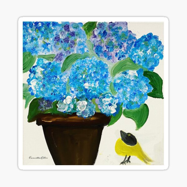 Blue Hydrangeas And Yellow Bird Painting Sticker