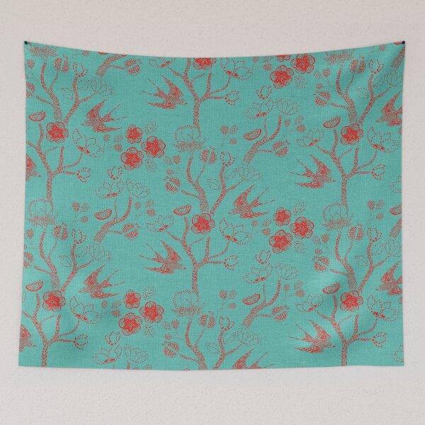 Item preview, Shibori Garden Aqua Red Dye Birds  designed and sold by Cecilia Mok.