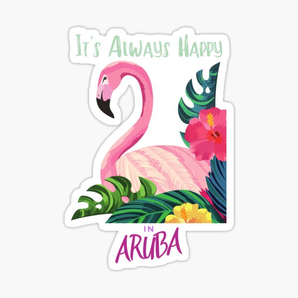Artikelvorschau, Aruba One Happy Island mit Flamingo, Palme und Blumen entworfen und verkauft von Gifty-Designs.