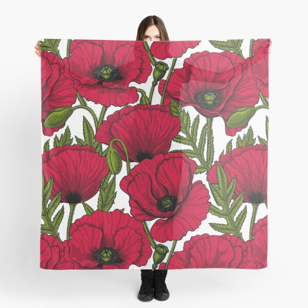 Hand Painted Big Long Silk Scarf with poppy meadow Hand painted silk scarf with poppies hand painted poppy scarf red poppies