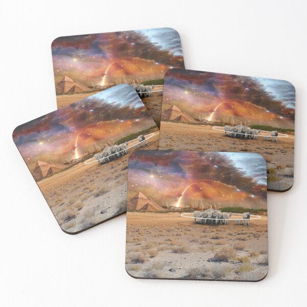 Item preview, Futuristic Fantasy Landscape with Elephants, Pyramids and Rocket (One of pair of images) designed and sold by KALEIDOSCOPE UK.