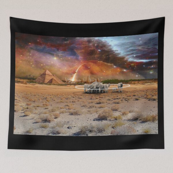Item preview, Futuristic Fantasy Landscape with Elephants, Pyramids and Rocket (One of pair of images) designed and sold by KALEIDOSCOPE UK.