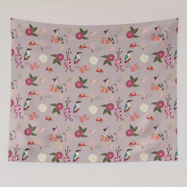 Item preview, Eastern delight, Japanese garden, waxwing, fairy pitta, cherry blossom, camelia (beige) designed and sold by Naty Design Prague.