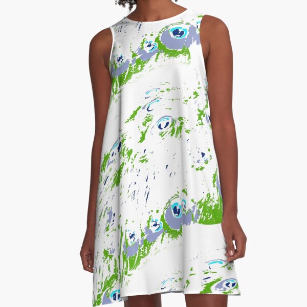 Blue-Green Peacock Train A-Line Dress