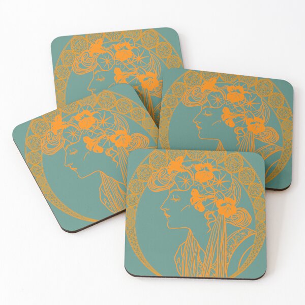 Item preview, Duo tone art nouveau girl with nasturtium flowers designed and sold by orangerinka.
