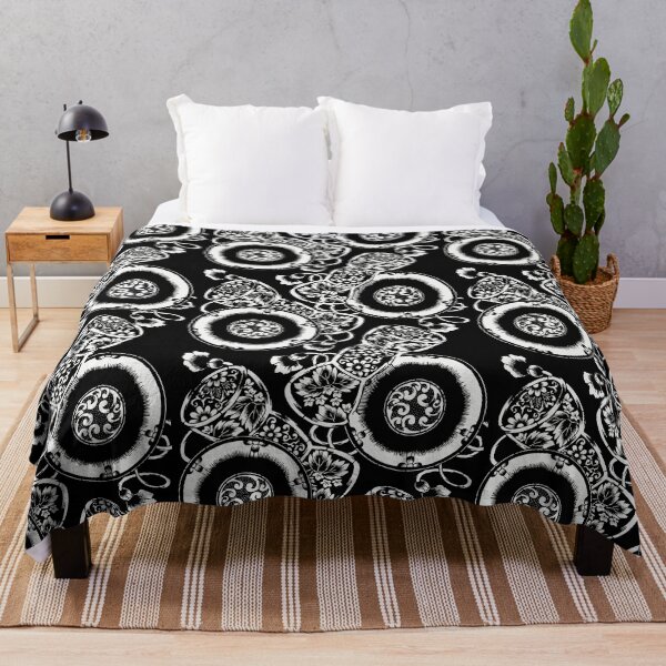 Item preview, Black and White Japanese Textile Pattern - Flowers and Drums Tsuzuni designed and sold by Vintage-TM.