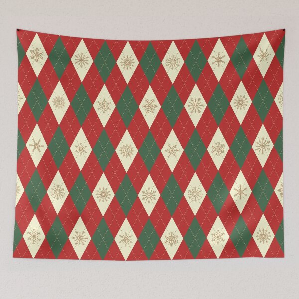 Item preview, Christmas Holiday Red Green Cream and Gold Argyle Diamond Pattern with Snowflakes designed and sold by hobrath.