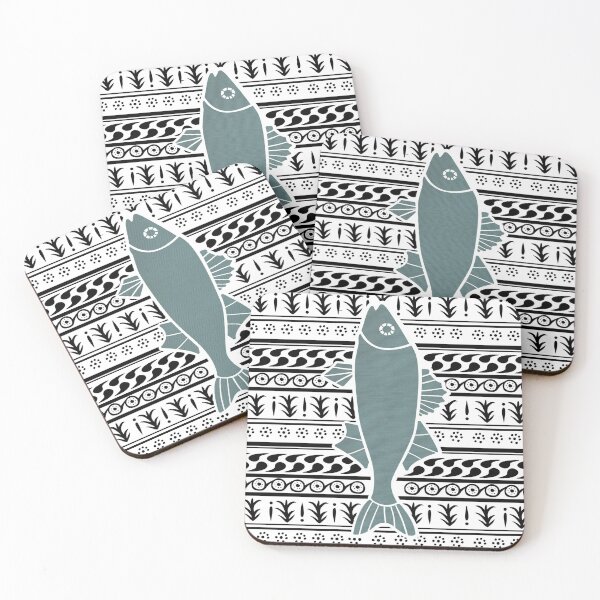 Turquoise Fish on b&w Coasters (Set of 4)