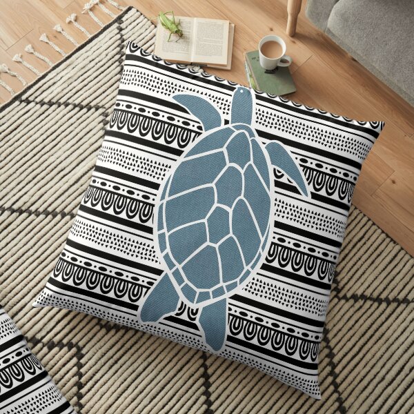 Blue Sea Turtle on b&w Floor Pillow