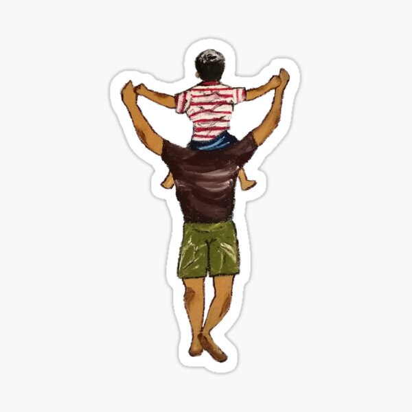 Oil painting of father and son sitting on his shoulders. Sticker