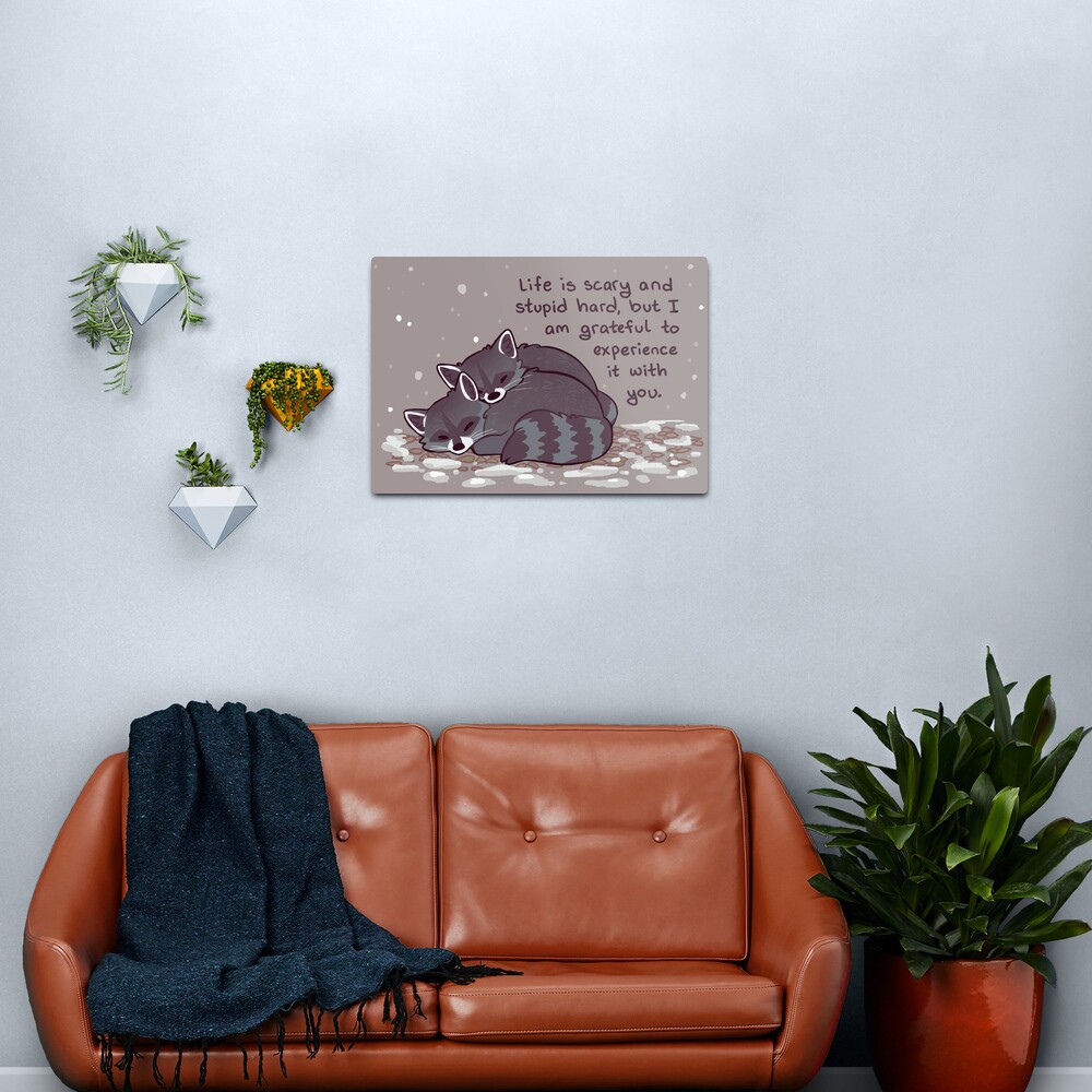 "I Am Grateful to Experience it With You" Snuggly Raccoons Metal Print