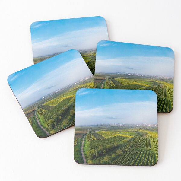 Item preview, A drone panoramic view of the stunning expanse of the Vosges foothills. Autumn vineyards in the morning fog. France designed and sold by Alexander Sorokopud.