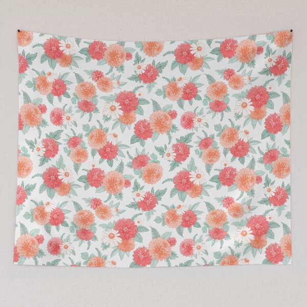 Item preview, Coral & Peach Watercolor Dahlias & Daisies Floral Botanical Pattern  designed and sold by KearonAlexandra.
