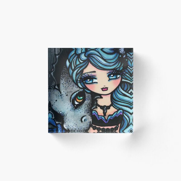 Mermaid and Dragon Friend Blue Cool Tone Whimsical Art Acrylic Block