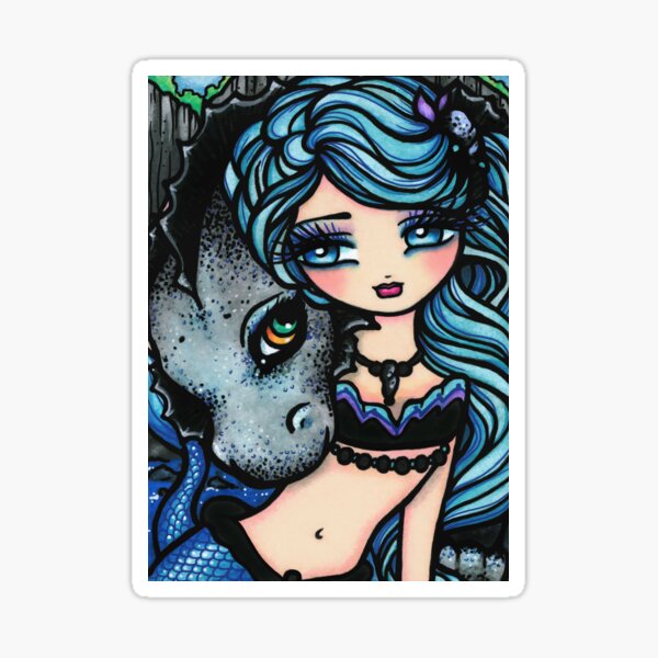 Mermaid and Dragon Friend Blue Cool Tone Whimsical Art Sticker