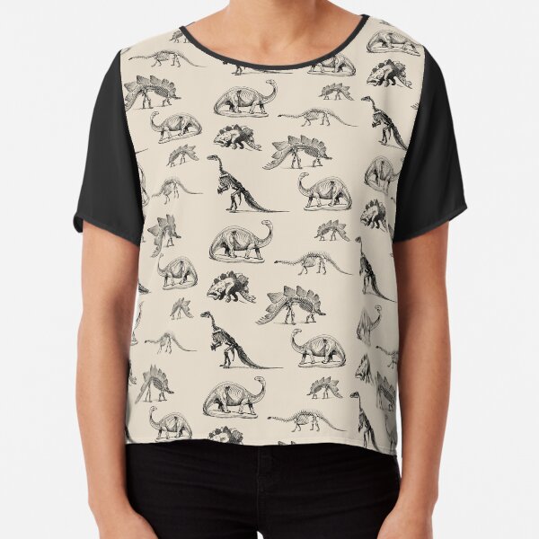 Vintage Museum Dinosaur Skeleton and Illustrations on Cream Chiffon Top