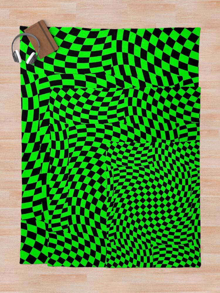 "Neon Green Checkered Black Checkerboard Swirl" Throw Blanket for Sale