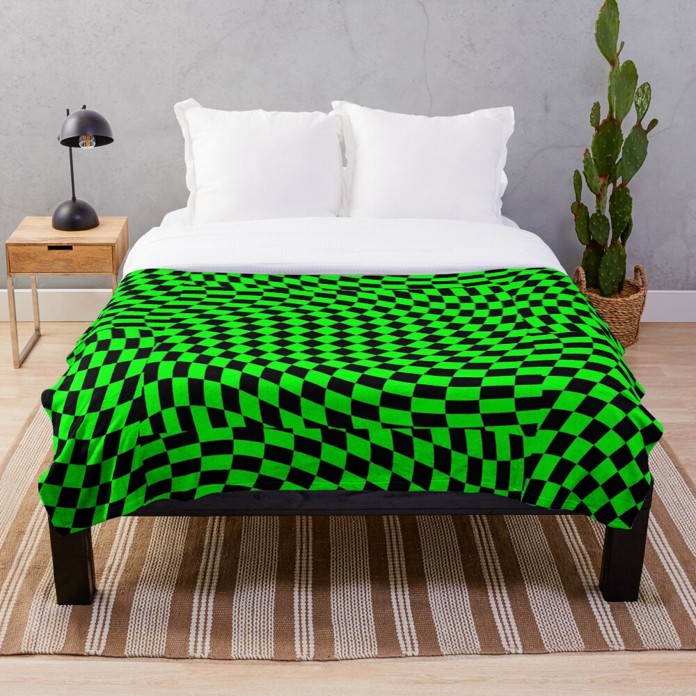 "Neon Green Checkered Black Checkerboard Swirl" Throw Blanket for Sale