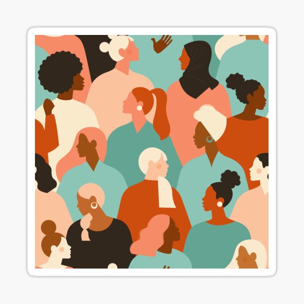 Female diverse faces of different ethnicity seamless pattern. Women empowerment movement pattern. International women's day graphic.  Sticker