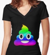 Rainbow Smiling Poop Emoji Women's Fitted V-Neck T-Shirt
