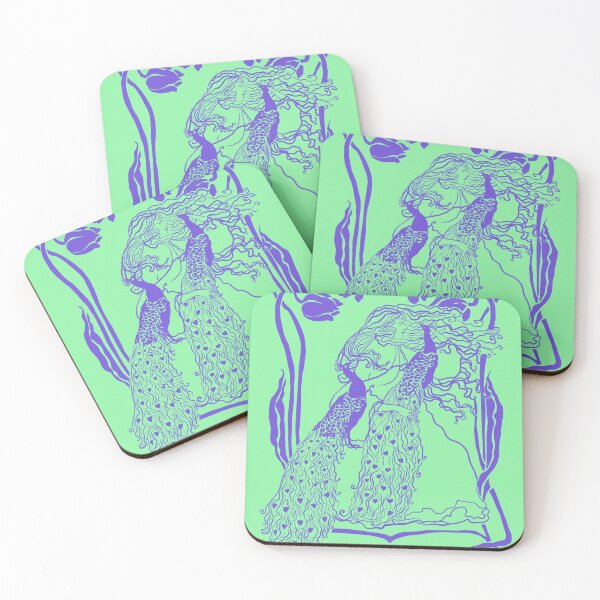 Item preview, Duo tone art nouveau girl with two peacocks and tulips designed and sold by orangerinka.