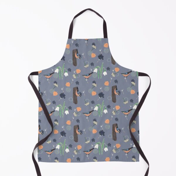 Item preview, The little nuthatch, a layered pattern featuring birds, snowdrops, physalis and textures, blue background designed and sold by Naty Design Prague.