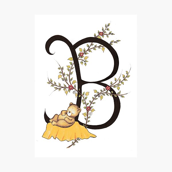 "Letter B Nursery Alphabet Monogram with Sleeping Teddy Floral Vine and