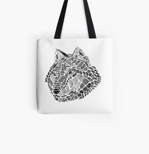 Black Wolf Painted Mosaic Illustration All Over Print Tote Bag