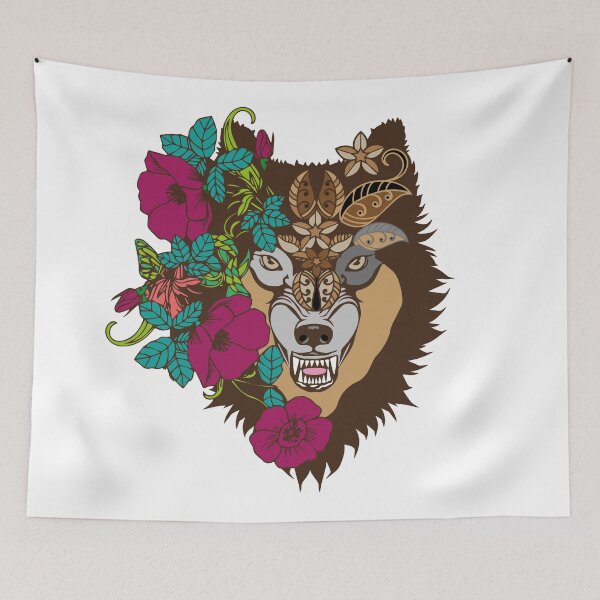 Item preview, Ferocious and floral wolf illustration designed and sold by SkyzCreative.