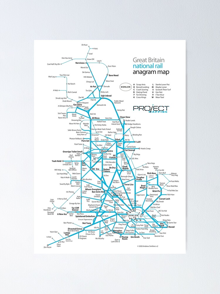 Alternate view of Great Britain national rail anagram train map Poster