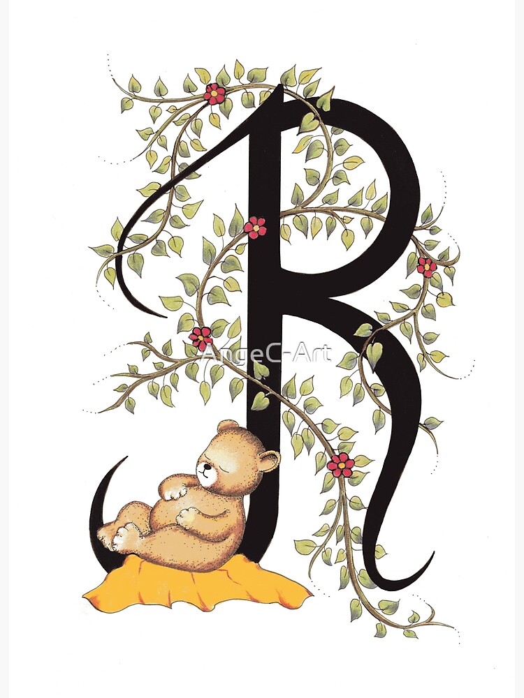 "Letter R Nursery Alphabet Monogram with Sleeping Teddy Floral Vine and