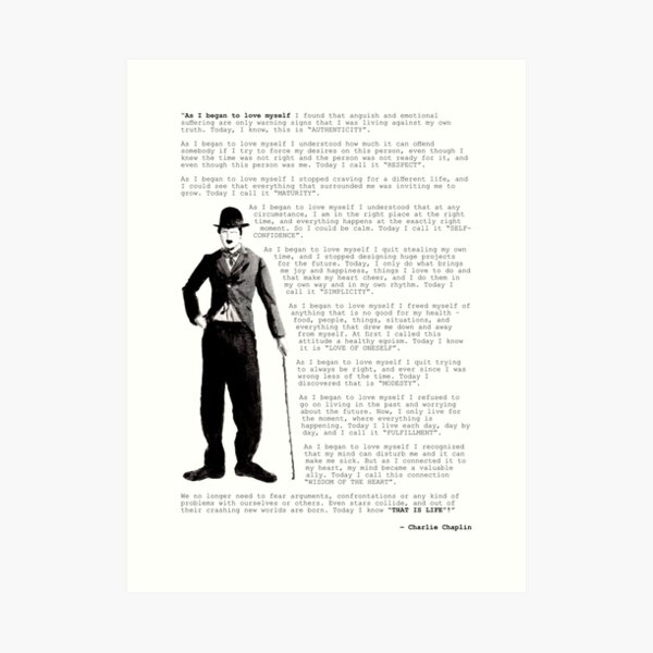 Cita de Charlie Chaplin; Cuando comencé a amarme Lámina artística