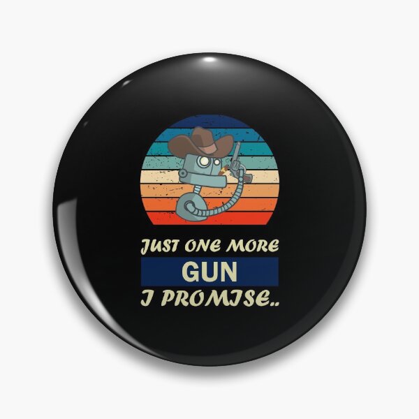 Artikelvorschau, Nur noch eine Waffe, ich verspreche Vintage-Text in orangefarbenem Licht, ein süßer Retro-Cowboy-Roboter, der eine Waffe hält und Zigaretten raucht entworfen und verkauft von SGS-.