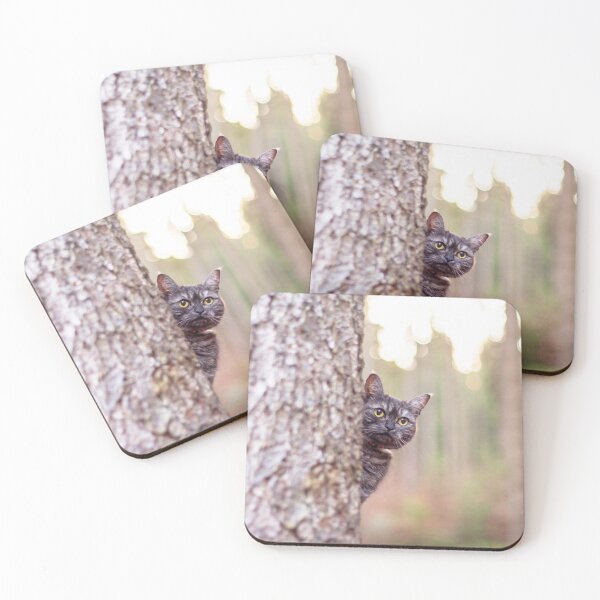 Item preview, Grey cat hiding behind a tree designed and sold by Pokofoto.
