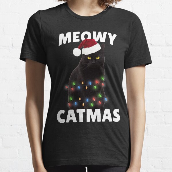Meowy Catmas, Funny Black Cat Christmas Light Essential T-Shirt