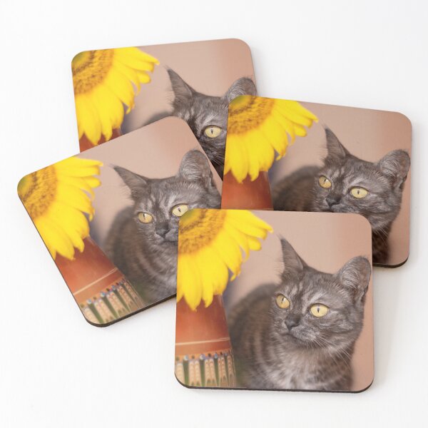 Item preview, Smokey cat behind a vase with the sunflower designed and sold by Pokofoto.
