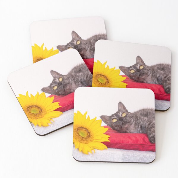 Item preview, Grey cat on a red pillow by a sunflower designed and sold by Pokofoto.