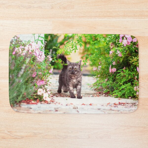 Item preview, Grey cat among roses in spring designed and sold by Pokofoto.