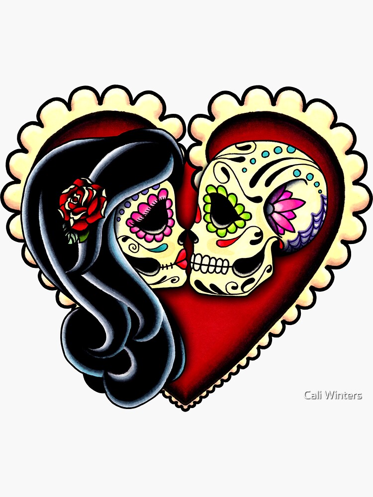 Thumbnail 3 of 3, Sticker, Ashes - Day of the Dead Couple - Sugar Skull Lovers designed and sold by prettyinink.