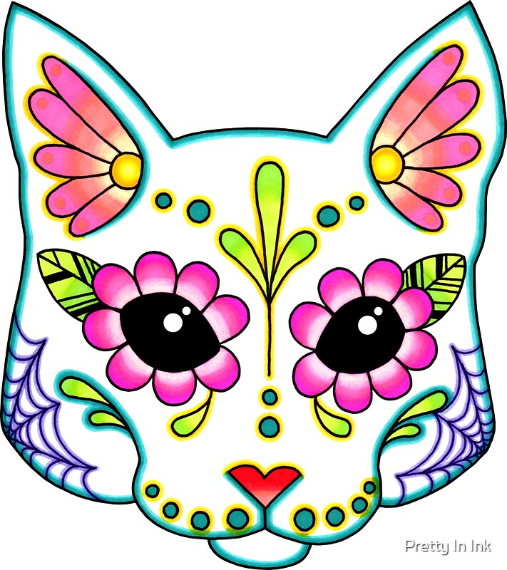 "Day of the Dead Cat in White Sugar Skull Kitty" Stickers by