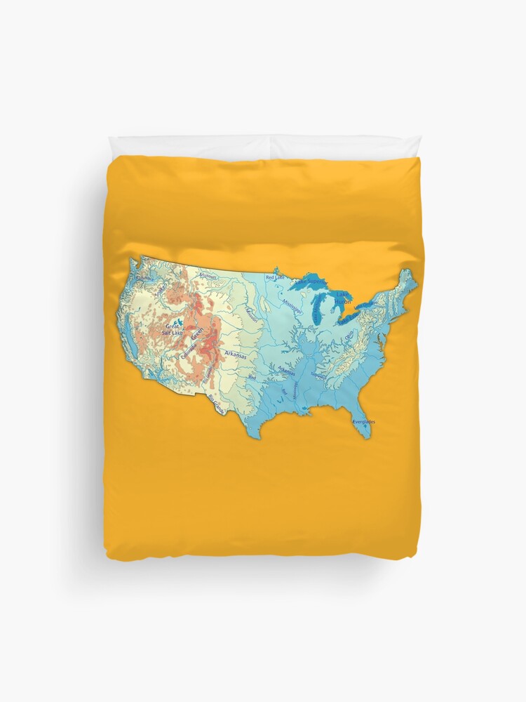 map of USA with relief topographic map of USA with Major Lakes and Rivers,  Country Borders Lakes and Rivers names, Saffron color background