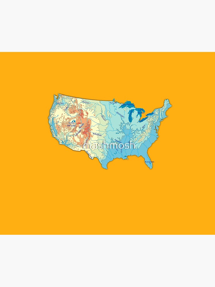 map of USA with relief topographic map of USA with Major Lakes and Rivers,  Country Borders Lakes and Rivers names, Saffron color background